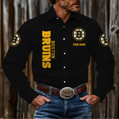 LIMITED EDITION - NEW CUSTOMIZED NHL02 BTB BOSTON BRUINS MEN'S LONG SLEEVE BUTTON-UP SHIRT