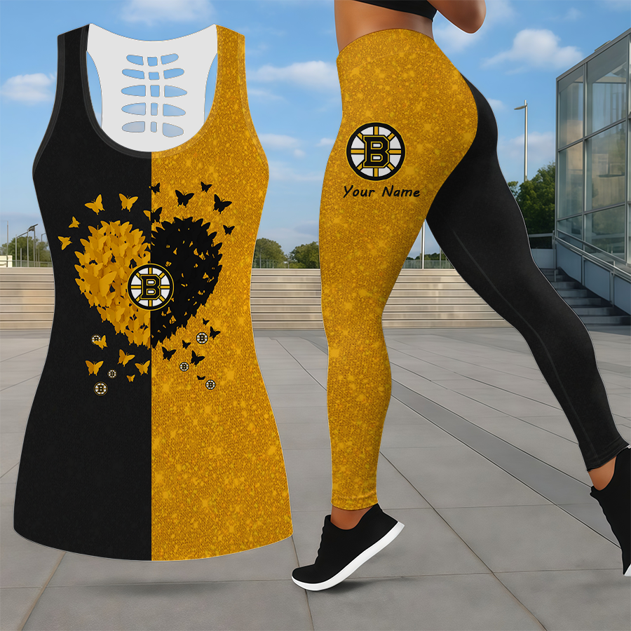 LIMITED EDITION - NEW CUSTOMIZED NHL02 BTB BOSTON BRUINS LEGGINGS & HOLLOW TANK TOP SET