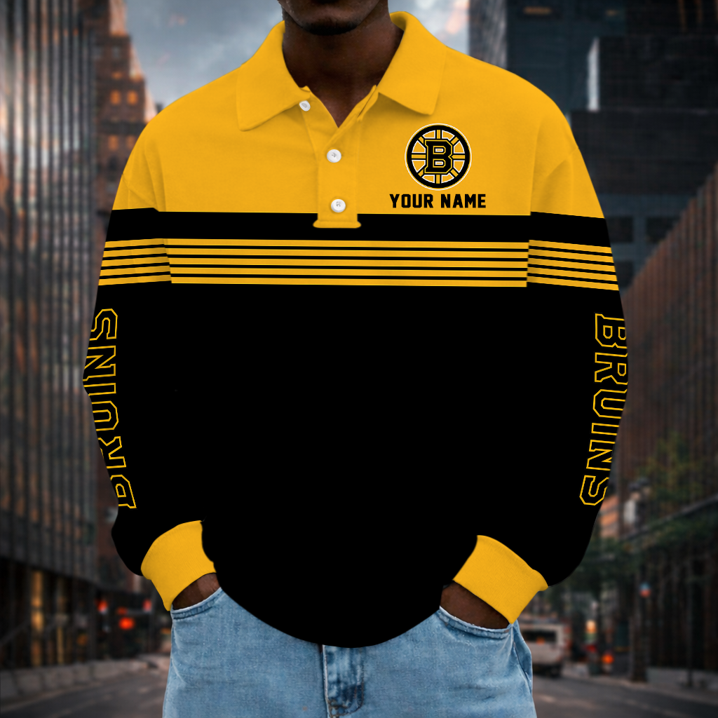 SPECIAL EDITION - NEW CUSTOMIZED NHL02 BTB BOSTON BRUINS MEN LONG SLEEVE POLO