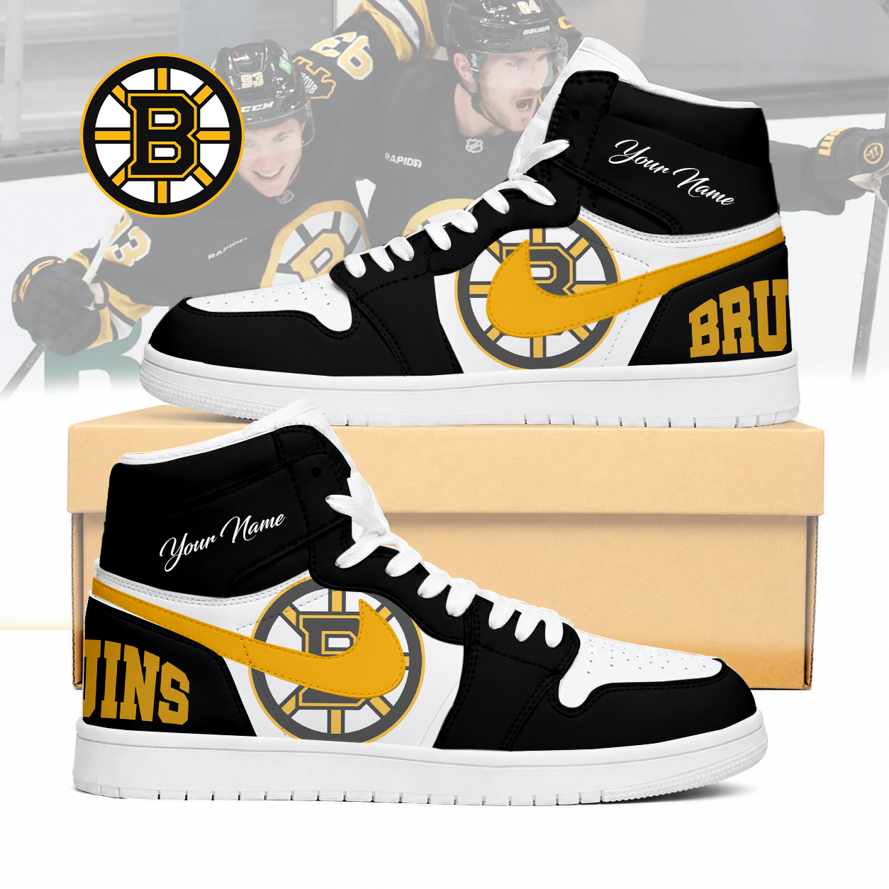 LIMITED EDITION - NEW CUSTOMIZED NHL02 BTB BOSTON BRUINS AIR JORDAN SNEAKERS