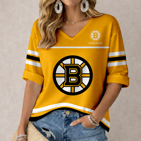 LIMITED EDITION - NEW CUSTOMIZED NHL02 BTB BOSTON BRUINS WOMEN'S HEART V-NECK LONG SLEEVE SHIRT