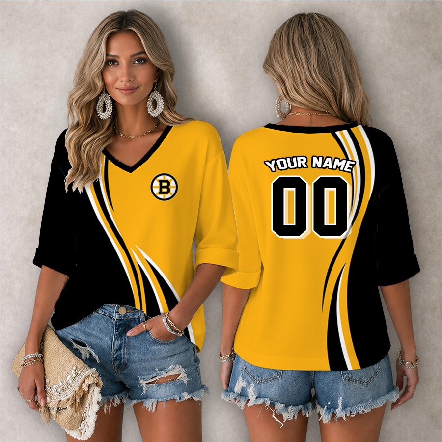 LIMITED EDITION - NEW CUSTOMIZED NHL02 BTB BOSTON BRUINS WOMEN'S HEART V-NECK LONG SLEEVE SHIRT