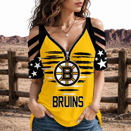 [SUPER SALE] NEW CUSTOMIZED NHL02 BTB BOSTON BRUINS STRAPPY COLD-SHOULDER TOP