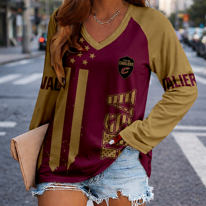 LIMITED EDITION - NEW CUSTOMIZED NBA02 CCA CLEVELAND CAVALIERS WOMEN'S V-NECK LONG SLEEVED SHIRT