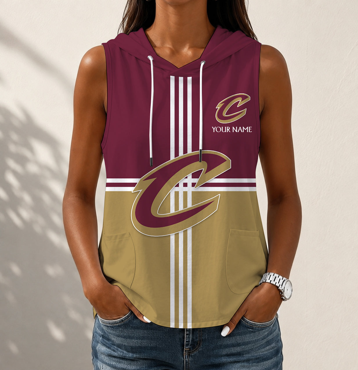 LIMITED EDITION - NEW CUSTOMIZED NBA02 CCA CLEVELAND CAVALIERS WOMEN'S SLEEVELESS HOODED POCKET TANK TOP
