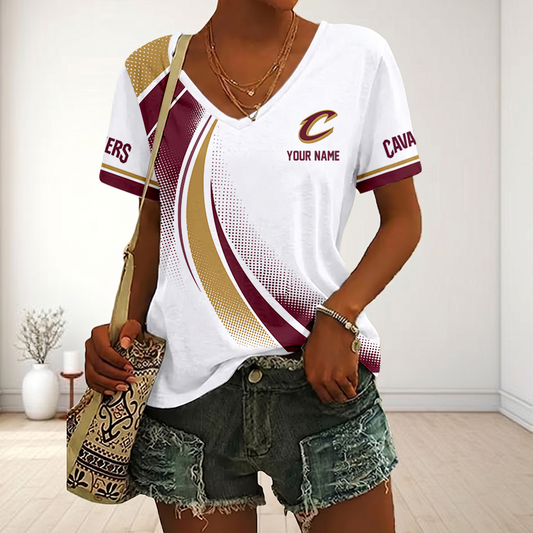FINAL SALE - NEW CUSTOMIZED NBA02 CCA CLEVELAND CAVALIERS V-NECK FEMALE SHIRT