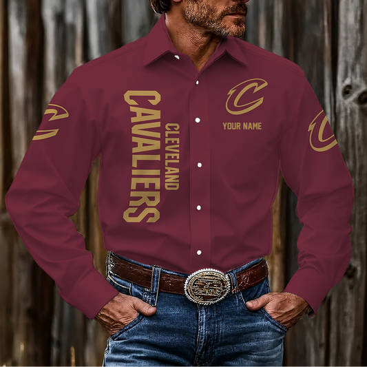 LIMITED EDITION - NEW CUSTOMIZED NBA02 CCA CLEVELAND CAVALIERS MEN'S LONG SLEEVE BUTTON-UP SHIRT
