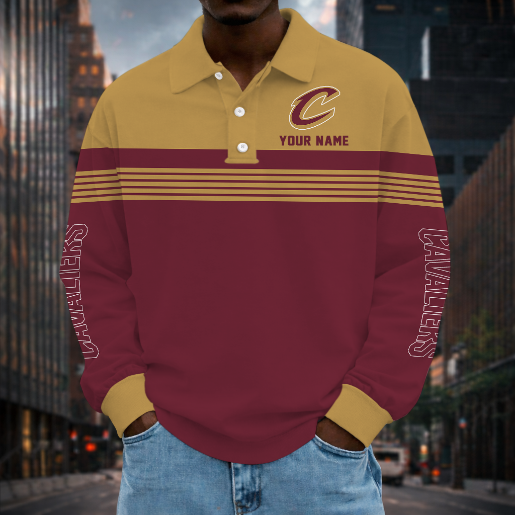 ELITE EDITION - NEW CUSTOMIZED NBA02 CCA CLEVELAND CAVALIERS MEN LONG SLEEVE POLO