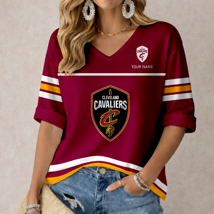 LIMITED EDITION - NEW CUSTOMIZED NBA02 CCA CLEVELAND CAVALIERS WOMEN'S HEART V-NECK LONG SLEEVE SHIRT