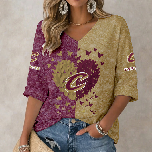 LIMITED EDITION - NEW CUSTOMIZED NBA02 CCA CLEVELAND CAVALIERS WOMEN'S HEART V-NECK LONG SLEEVE SHIRT