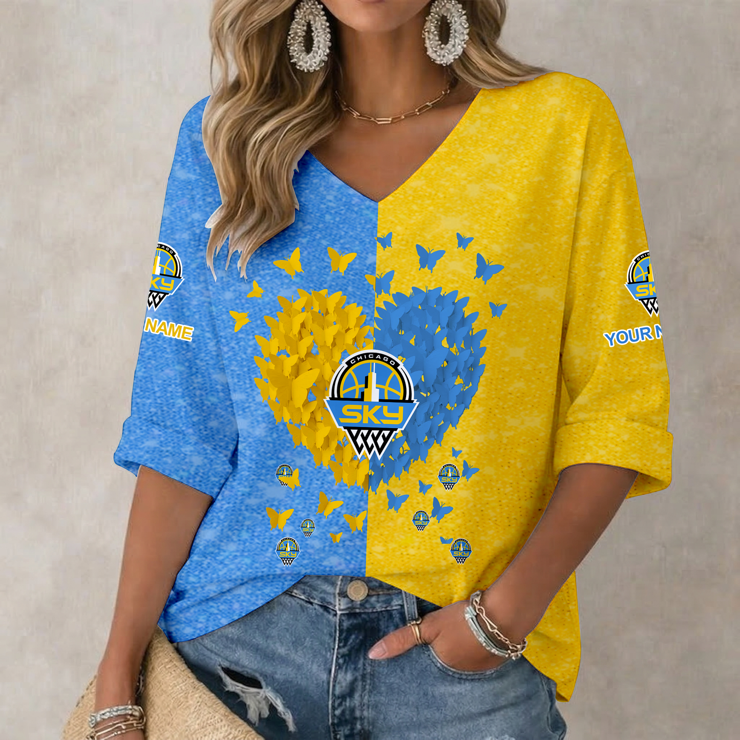 LIMITED EDITION - NEW CUSTOMIZED WNBA02 CCS CH SKY  WOMEN'S HEART V-NECK LONG SLEEVE SHIRT