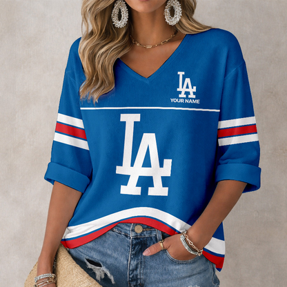 LIMITED EDITION - NEW CUSTOMIZED MLB02 LAD LOS ANGELES DODGERS WOMEN'S HEART V-NECK LONG SLEEVE SHIRT