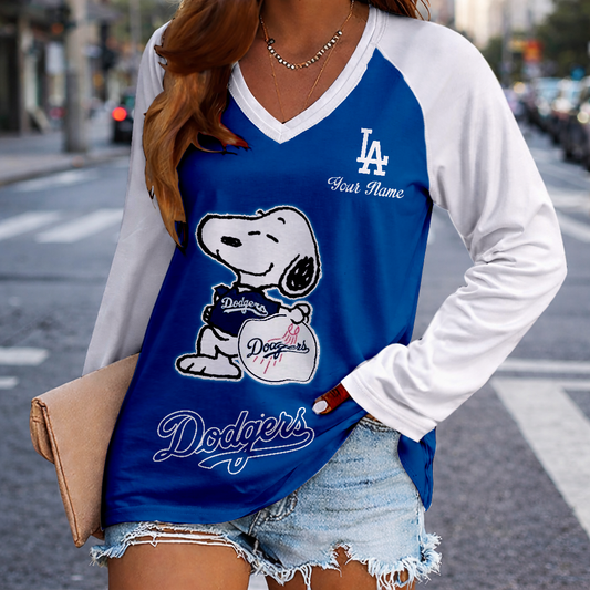 LIMITED EDITION - NEW CUSTOMIZED MLB02 LAD LOS ANGELES DODGERS WOMEN'S V-NECK LONG SLEEVED SHIRT