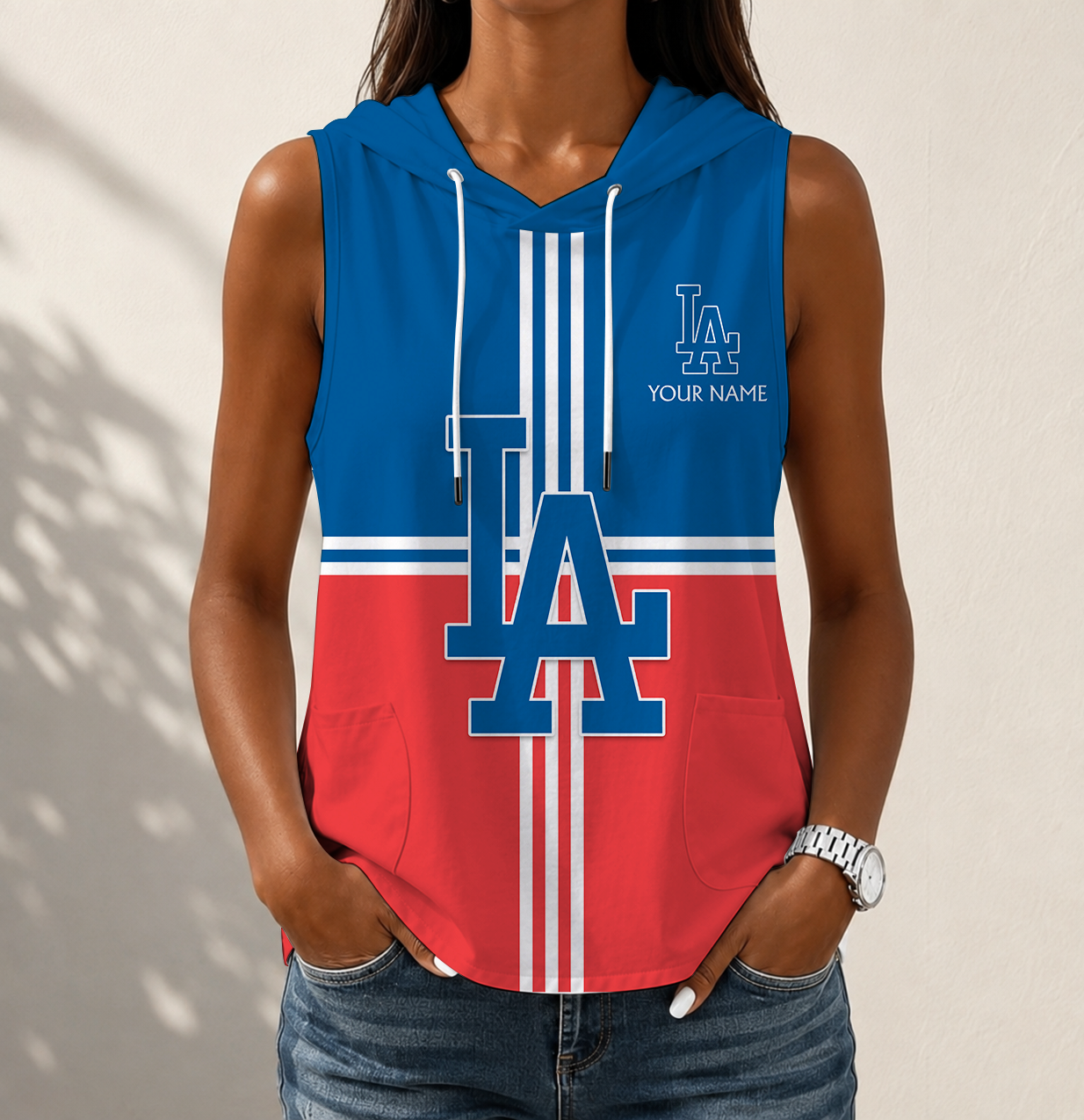 LIMITED EDITION - NEW CUSTOMIZED MLB02 LAD LOS ANGELES DODGERS WOMEN'S SLEEVELESS HOODED POCKET TANK TOP