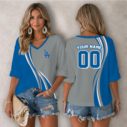 LIMITED EDITION - NEW CUSTOMIZED MLB02 LAD LOS ANGELES DODGERS WOMEN'S HEART V-NECK LONG SLEEVE SHIRT