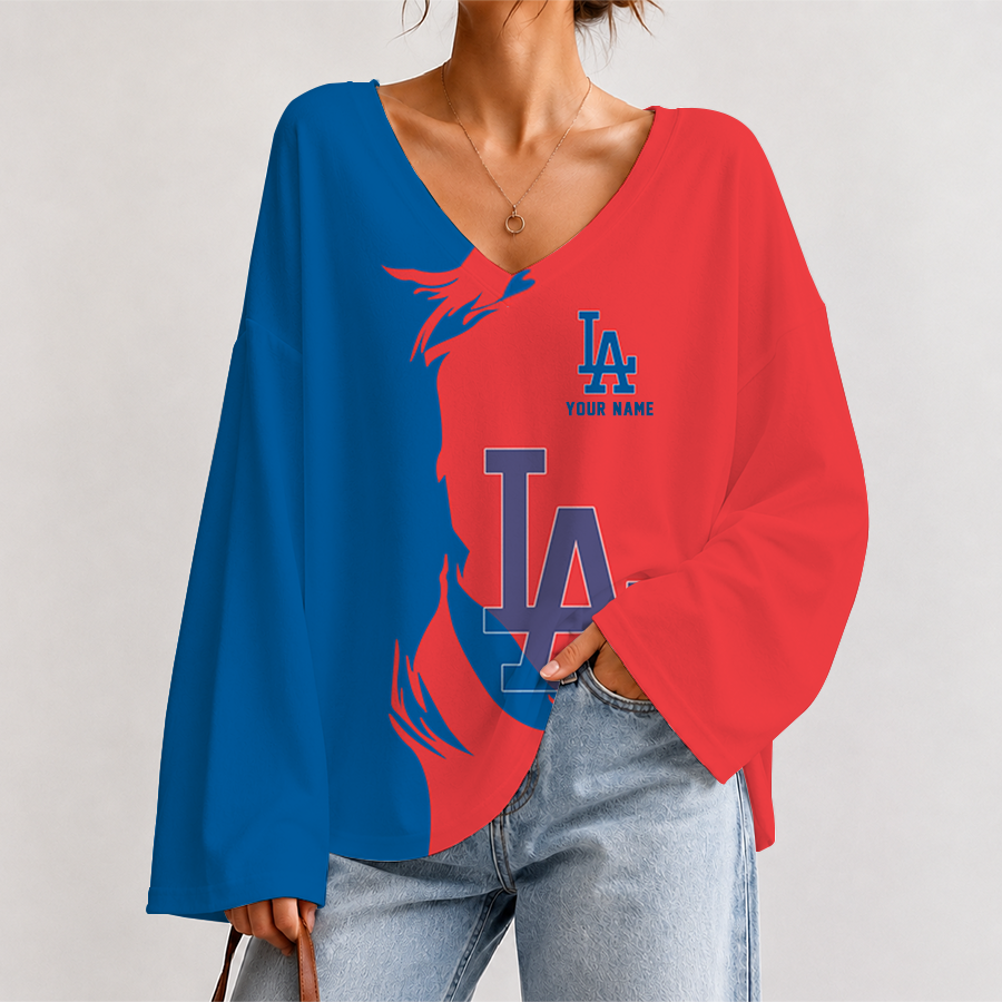 [FLASH SALE] NEW CUSTOMIZED MLB02 LAD LOS ANGELES DODGERS V-NECK LONG SLEEVED CROP TOP