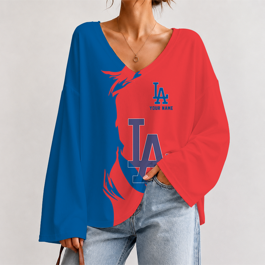 [FLASH SALE] NEW CUSTOMIZED MLB02 LAD LOS ANGELES DODGERS V-NECK LONG SLEEVED CROP TOP