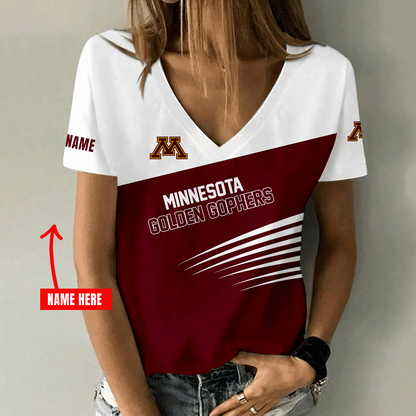 [FAN FAVORITE] NEW CUSTOMIZED NCAA MFF02 MGG MINNESOTA GOLDEN GOPHERS V-NECK FEMALE SHIRT