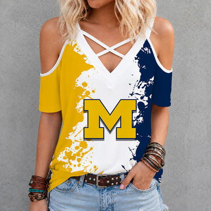 [FAN FAVORITE] NEW CUSTOMIZED NCAA MAM02 MIW MICHIGAN WOLVERINES CRISS CROSS V-NECK TOP