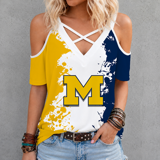 [FAN FAVORITE] NEW CUSTOMIZED NCAA MAM02 MIW MICHIGAN WOLVERINES CRISS CROSS V-NECK TOP