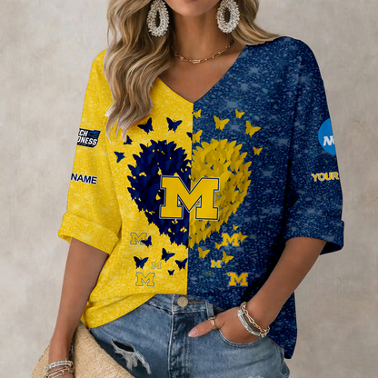 LIMITED EDITION - NEW CUSTOMIZED NCAA MAM02 MIW MICHIGAN WOLVERINES WOMEN'S HEART V-NECK LONG SLEEVE SHIRT