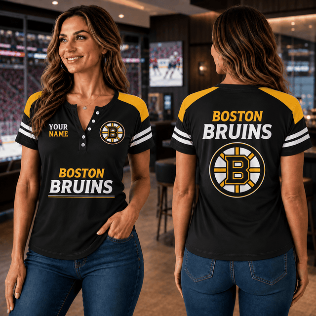 SPECIAL EDITION - NEW CUSTOMIZED NHL02 BTB BOSTON BRUINS WOMEN'S SHORT SLEEVE HENLEY T-SHIRT
