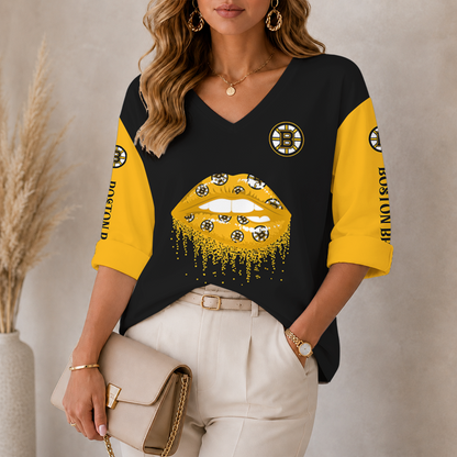[SUPER SALE] NEW CUSTOMIZED NHL02 BTB BOSTON BRUINS WOMEN'S HEART V-NECK LONG SLEEVE SHIRT