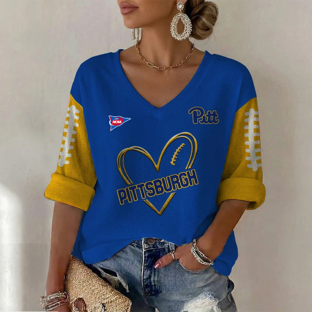 ELITE EDITION - NEW CUSTOMIZED NCAA FBS02 PIP PITTSBURGH PANTHERS WOMEN'S HEART V-NECK LONG SLEEVE SHIRT