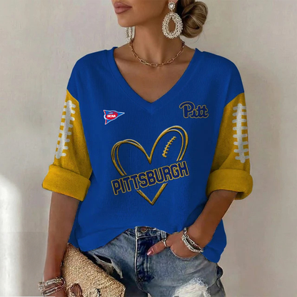 ELITE EDITION - NEW CUSTOMIZED NCAA FBS02 PIP PITTSBURGH PANTHERS WOMEN'S HEART V-NECK LONG SLEEVE SHIRT