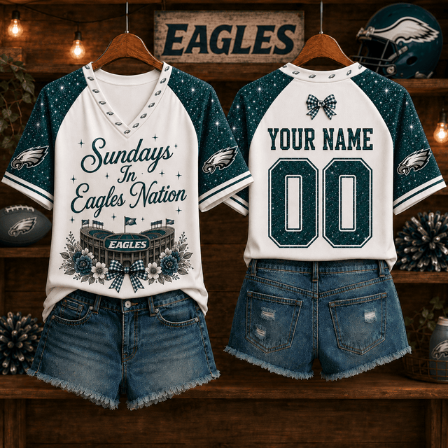 EXCLUSIVE EDITION - NEW CUSTOMIZED NFL02 PPE PHILADELPHIA EAGLES V-NECK FEMALE SHIRT