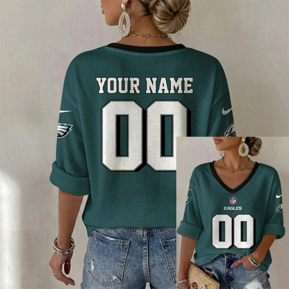 ELITE EDITION - NEW CUSTOMIZED NFL02 PPE PHILADELPHIA EAGLES WOMEN'S HEART V-NECK LONG SLEEVE SHIRT