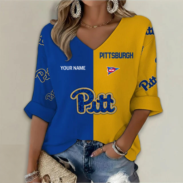 ELITE EDITION - NEW CUSTOMIZED NCAA FBS02 PIP PITTSBURGH PANTHERS WOMEN'S HEART V-NECK LONG SLEEVE SHIRT