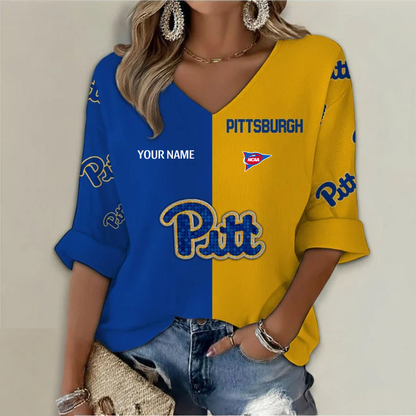ELITE EDITION - NEW CUSTOMIZED NCAA FBS02 PIP PITTSBURGH PANTHERS WOMEN'S HEART V-NECK LONG SLEEVE SHIRT