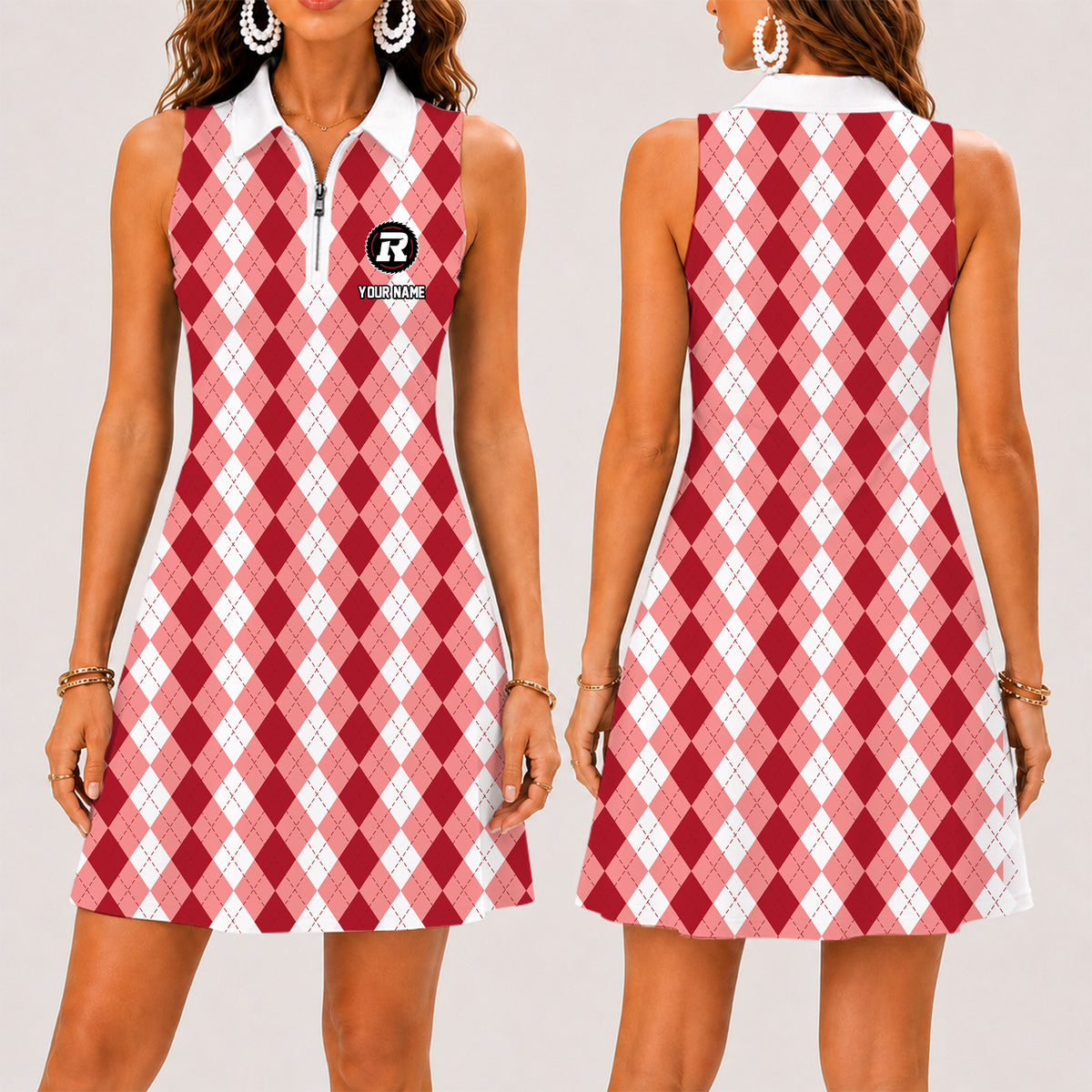 [FAN EXCLUSIVE] NEW CUSTOMIZED CFL02 OTT OTTAWA REDBLACKS STRAPPY WOMEN'S ZIP SLEEVELESS POLO DRESS