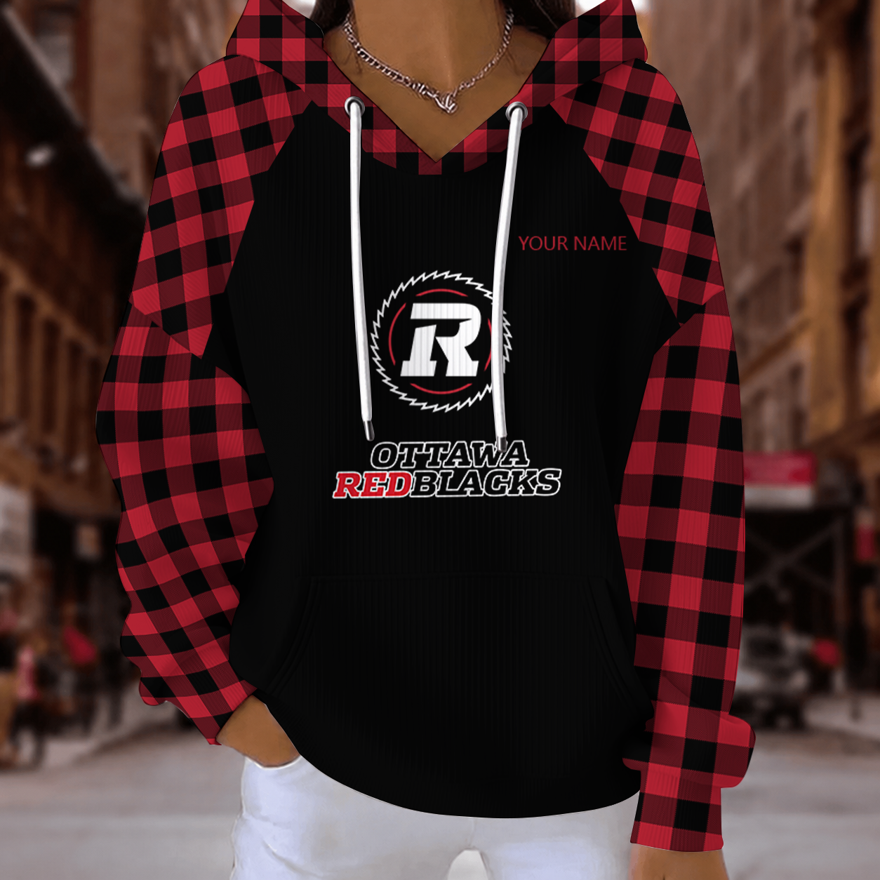 [FAN EXCLUSIVE] NEW CUSTOMIZED CFL02 OTT OTTAWA REDBLACKS STRAPPY RIBBED HOODIE & SWEATSHIRT