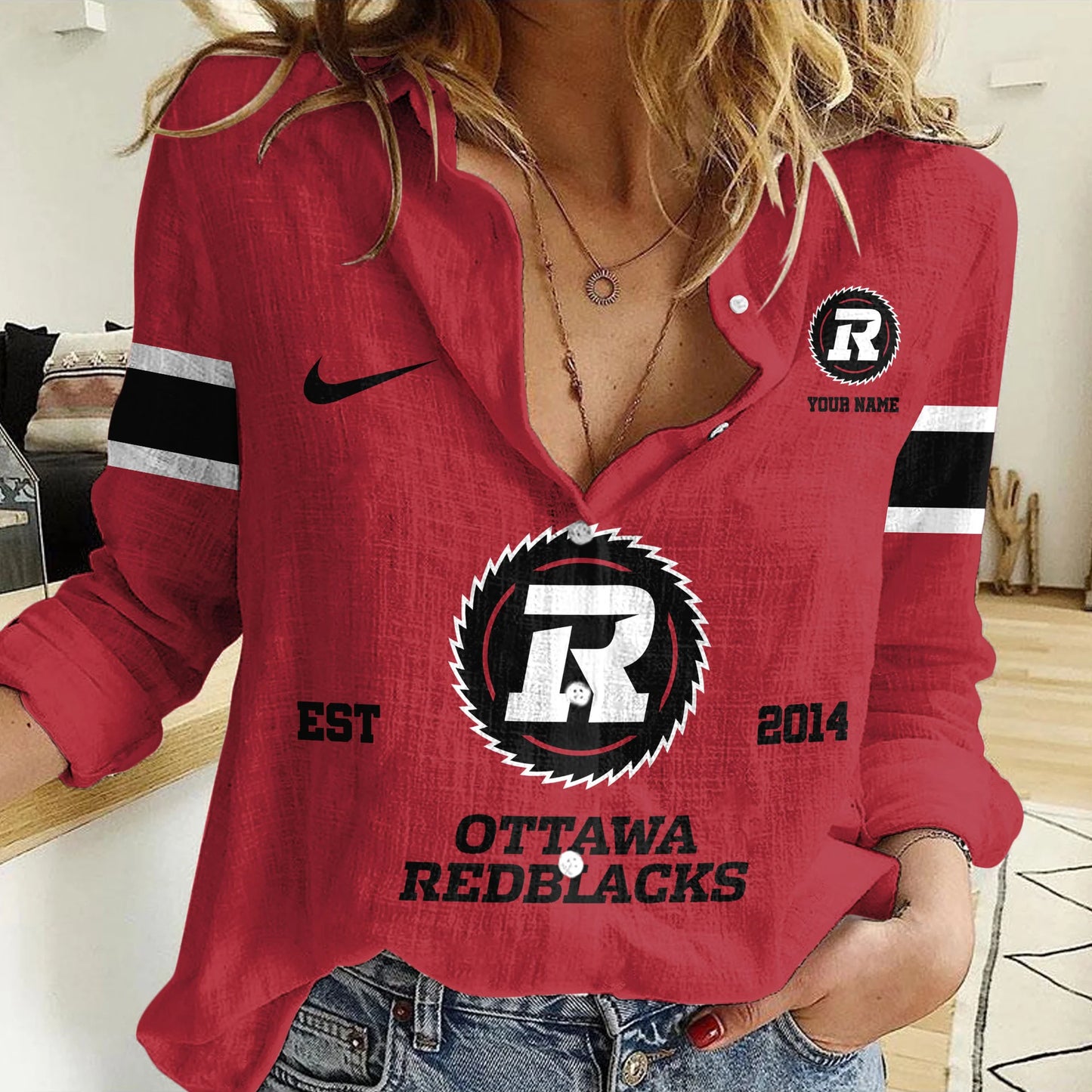 [FAN EXCLUSIVE] NEW CUSTOMIZED CFL02 OTT OTTAWA REDBLACKS WOMEN CASUAL SHIRT
