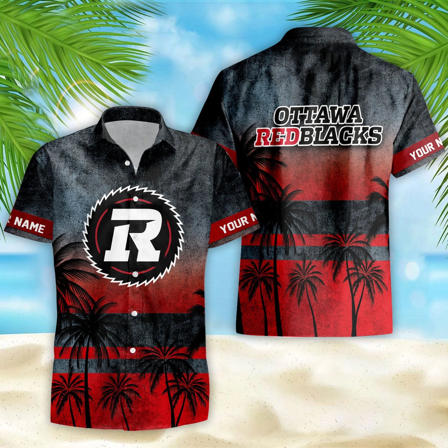 [FAN EXCLUSIVE] NEW CUSTOMIZED CFL02 OTT OTTAWA REDBLACKS HAWAIIAN SHIRT & SHORTS SET