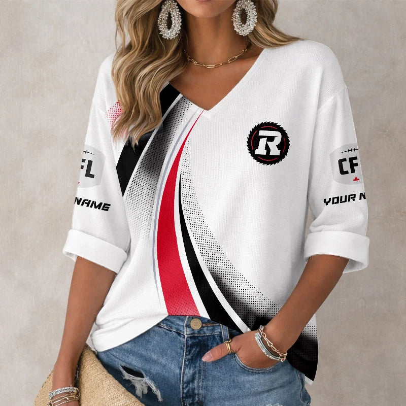 [FAN EXCLUSIVE] NEW CUSTOMIZED CFL02 OTT OTTAWA REDBLACKS WOMEN'S HEART V-NECK LONG SLEEVE SHIRT