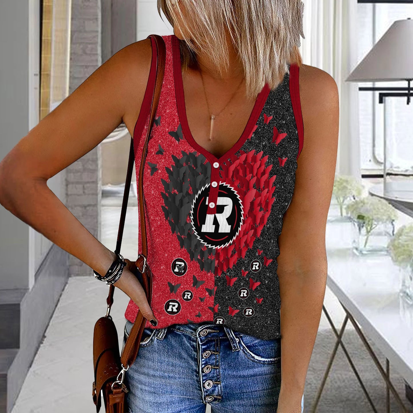 [FAN EXCLUSIVE] NEW CUSTOMIZED CFL02 OTT OTTAWA REDBLACKS WOMEN'S V-NECK TANK TOP