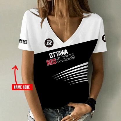 [FAN EXCLUSIVE] NEW CUSTOMIZED CFL02 OTT OTTAWA REDBLACKS STRAPPY V-NECK FEMALE SHIRT
