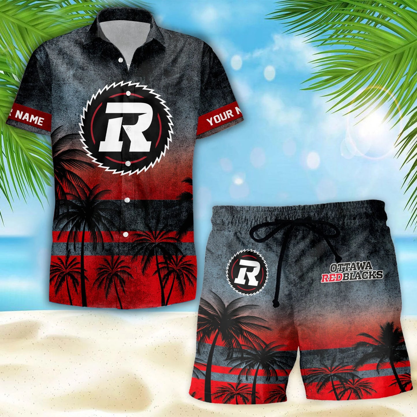 [FAN EXCLUSIVE] NEW CUSTOMIZED CFL02 OTT OTTAWA REDBLACKS HAWAIIAN SHIRT & SHORTS SET