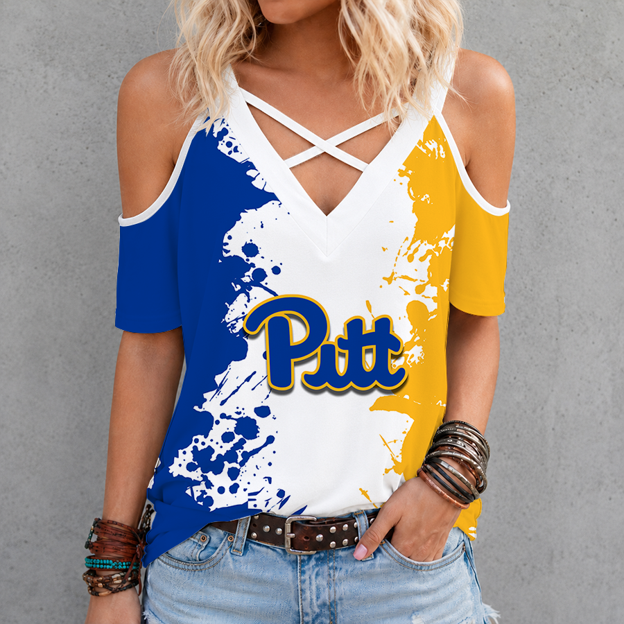 [FAN FAVORITE] NEW CUSTOMIZED NCAA FBS02 PIP PITTSBURGH PANTHERS CRISS CROSS V-NECK TOP