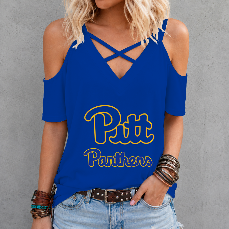 [FAN FAVORITE] NEW CUSTOMIZED NCAA FBS02 PIP PITTSBURGH PANTHERS CRISS CROSS V-NECK TOP