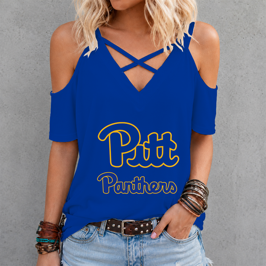 [FAN FAVORITE] NEW CUSTOMIZED NCAA FBS02 PIP PITTSBURGH PANTHERS CRISS CROSS V-NECK TOP