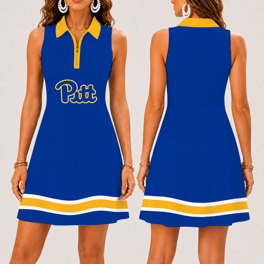 [FAN FAVORITE] NEW CUSTOMIZED NCAA FBS02 PIP PITTSBURGH PANTHERS WOMEN'S ZIP SLEEVELESS POLO DRESS