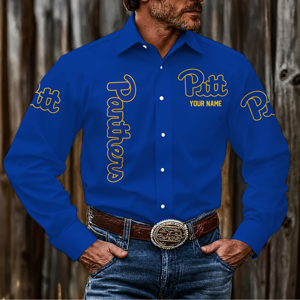 LIMITED EDITION - NEW CUSTOMIZED NCAA FBS02 PIP PITTSBURGH PANTHERS MEN'S LONG SLEEVE BUTTON-UP SHIRT