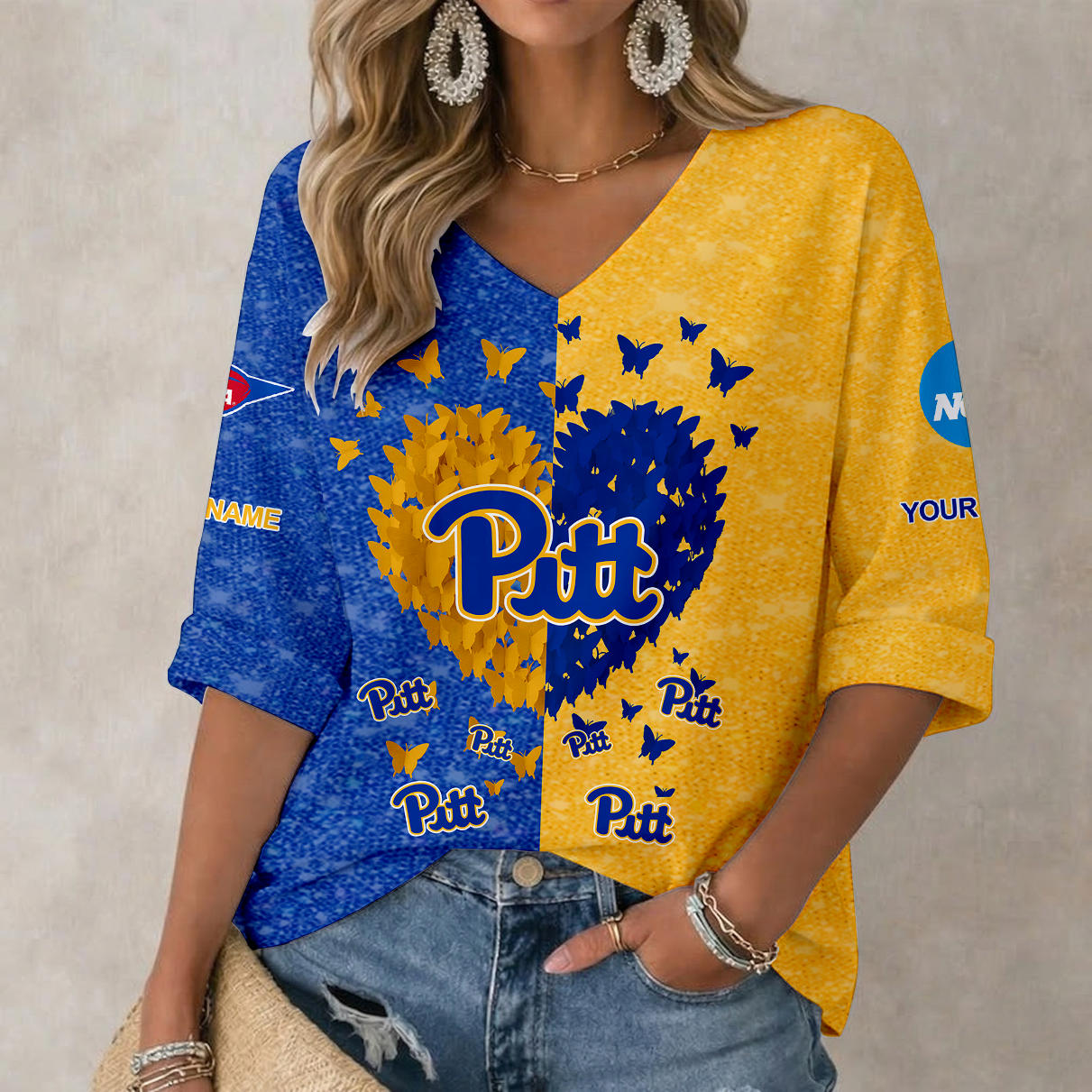 LIMITED EDITION - NEW CUSTOMIZED NCAA FBS02 PIP PITTSBURGH PANTHERS WOMEN'S HEART V-NECK LONG SLEEVE SHIRT