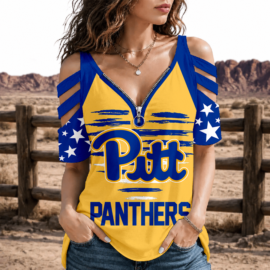 [FAN FAVORITE] NEW CUSTOMIZED NCAA FBS02 PIP PITTSBURGH PANTHERS STRAPPY COLD-SHOULDER TOP