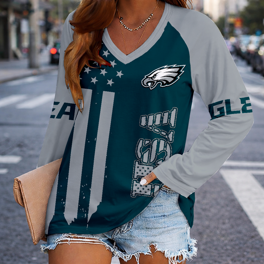 LIMITED EDITION - NEW CUSTOMIZED NFL02 PPE PHILADELPHIA EAGLES WOMEN'S V-NECK LONG SLEEVED SHIRT