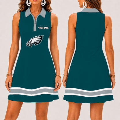 [SPECIAL OFFER] NEW CUSTOMIZED NFL02 PPE PHILADELPHIA EAGLES WOMEN'S ZIP SLEEVELESS POLO DRESS